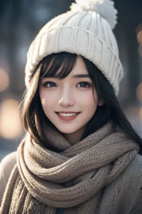 real human skin,natural skin,Candid photo of a young woman, kpop idol,age 20, wearing winter clothing with a warm scarf and a cozy hat, smiling gently, upper body framing, on a snowy street in Madrid under the soft diffused lighting of a cloudy winter day, shot at eye level on a Canon EOS 5D with a 50mm lens, in the style of Alberto Seveso., (masterpiece, best quality, hires, high resolution:1.2, 8k , high quality), extremely detailed, realistic, intricate details, highres
