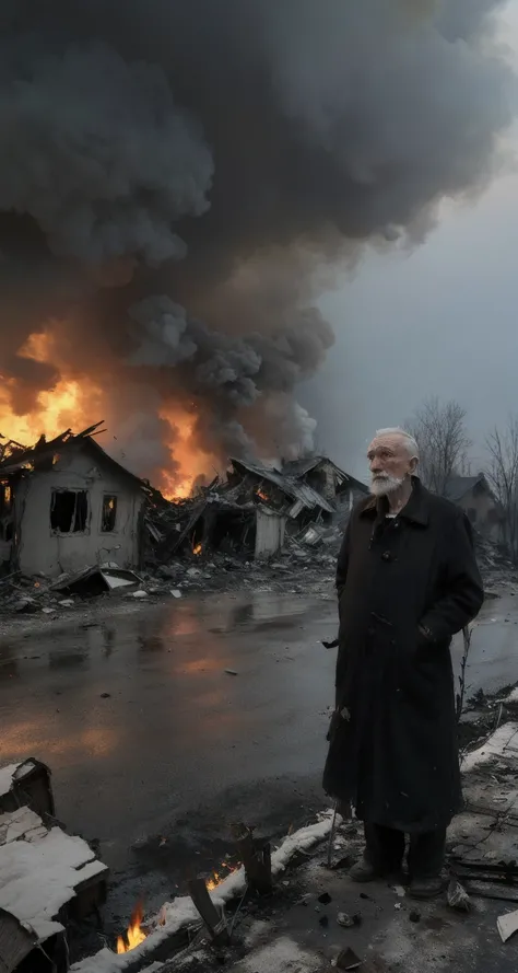 The Ukrainian War, war, The lonely old man looked at the burning house, with war raging, destroyed houses, smoke filled, abandoned houses, and burning cars.