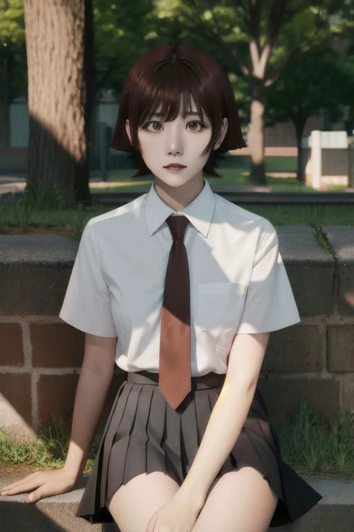 1woman, short hair, asymmetric hair, hime cut, white collared shirt, black pleated skirt, necktie, mira_yoo, short hair, brown eyes, brown hair, she is sitting at brick wall, water flooe, tree canopy, sunlit, weak lights and shadows