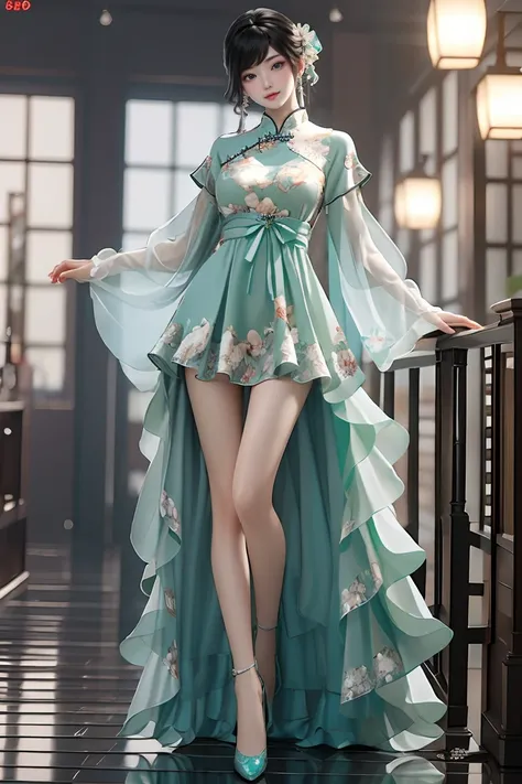masterpiece,best quality,newchinesestylesuit,1girl,looking at viewer,full body,Mint yellow dress,<lora:NewChineseStyleSuit_v1:0.8>,
