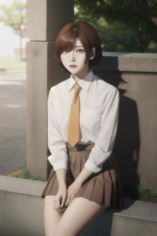 1woman, short hair, asymmetric hair, hime cut, white collared shirt, black pleated skirt, necktie, mira_yoo, short hair, brown eyes, brown hair,  white collared shirt, black pleated skirt, she is sitting at brick wall, water flooe, tree canopy, sunlit, weak lights and shadows