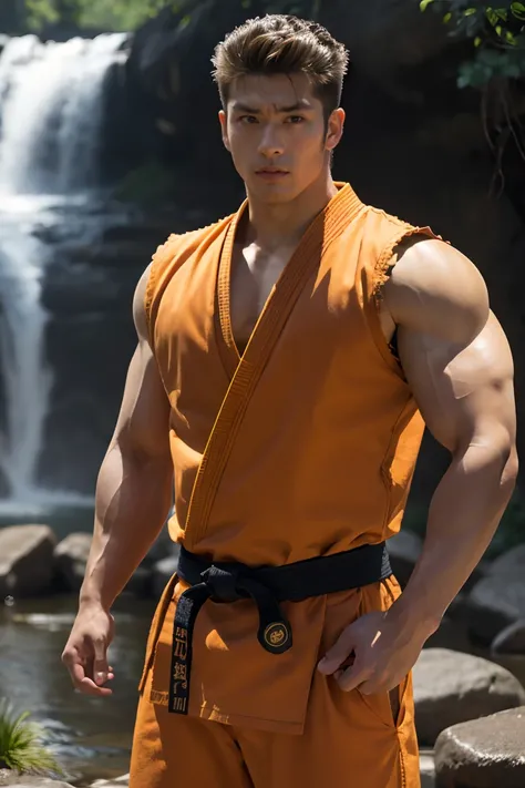 RyuSaka,1guy,muscular:1.2,muscular arms,orange dougi,orange pants,black belt,masterpiece,highness,perfect face,perfect picture,detailed eyes,sharp focus,fighting stance,at the waterfall,<lora:RyoSakazaki-DocStasis:0.8>,