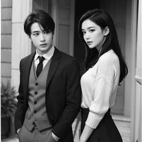 Male and female couples The girl leaned back on the table,Wear a shirt and hip-hugging skirt。The boys are next to the girls,Wearing a black suit and trousers,I have a watch in my hand。Hands on the girl's waist,The girl leaned into the boy's arms。