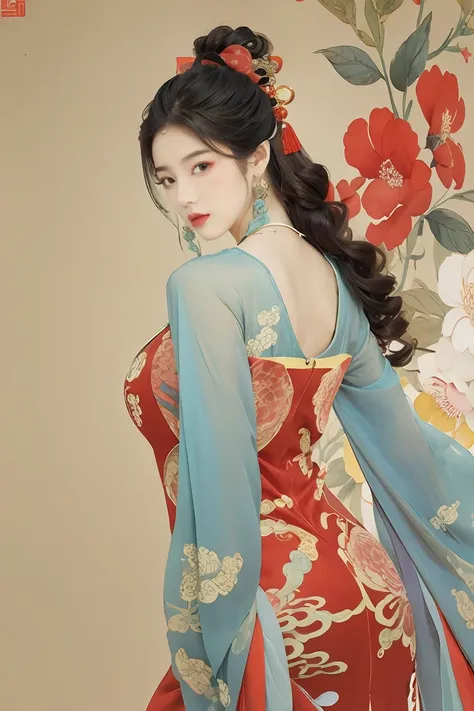 1girl,long hair,solo,colorful dress,hair ornament,jewelry,colorful flower,hair flower,(longANDred chinese dress:1.5),hanfu,holding,breasts,puffy sleeves,brown hair,looking at viewer,black hair,lips,brown eyes,shoulder cutout,wavy hair,parted lips,first,paint the background with vibrant colors,(colorful flower background:1.5),colorful and beautiful,waistband,<lora:anxiang:0.7>,watercolor painting,