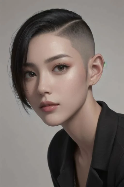 natural skin,(close-up:1.0) photo of as (young:1.0) woman, (oiled skin:1.0), (tilted angle shot:1.0), (slick undercut hair:1.2), (8k uhd:1.0), (best quality:1.0), (masterpiece:1.0), (sharp focus:1.0), (basic grey backdrop:1.0), <lora:GoodHands-beta2:1>