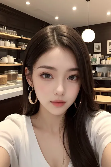 real human skin,Photo of a 20 year old brunette woman, that has a very natural face, thin lips, thin eyes, thin eyebrows, thin nose, earrings, long eyelashes. She makes a cute selfie in a cafe, <lora:GoodHands-beta2:1>