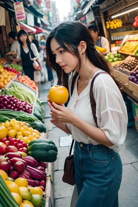 natural skin,<lora:more_details:0.3>,<lora:GoodHands-beta2:1>,(A photorealistic image of a woman walking through a busy market, with vendors selling colorful fruits and vegetables all around. Shot from a close-up angle to capture the sense of texture and vibrancy,film grain,Fujifilm XT3,