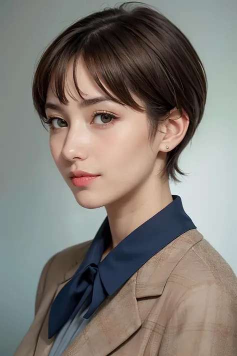real human skin,natural skin,(taken with holga camera, Soviet 35mm color film:1.1),portrait photo of a 45 y.o woman,graying light brown hair,very short hair,ultra-pixie cut,(angular features),(thin face:1.3),wiry,upper body,official portrait,wearing suit and kerchief,government portrait,professional photograph, <lora:GoodHands-beta2:1>