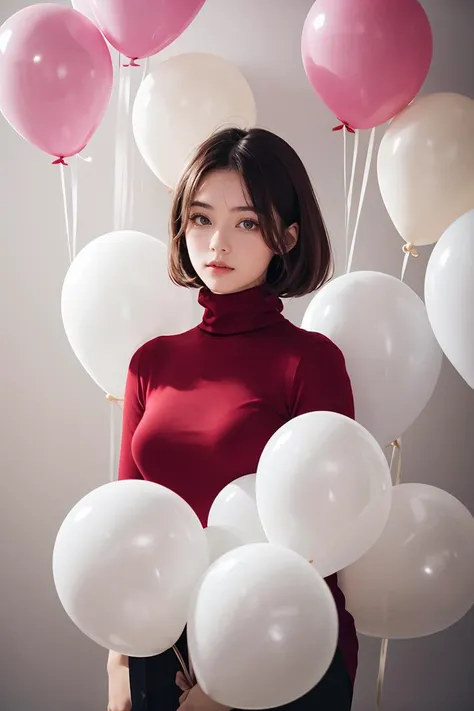 real human skin,natural skin,RAW photo, fashion portrait photo of beautiful young woman from the 60s wearing a red turtleneck standing in the middle of a ton of white balloons,taken on a hasselblad medium format camera,film grain,Fujifilm XT3,<lora:GoodHands-beta2:1>