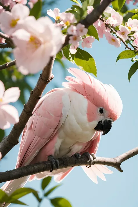 RAW photo,Pink and white cest galah cockatoo bird in a tree with green leaves and flowers ,cute big circular reflective eyes, unreal engine cinematic smooth, intricate detail,film grain,Fujifilm XT3,