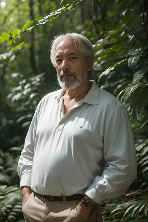 RAW photo,a portrait photo of 55 y.o man,traveler clothes,standing in the forest,natural skin,8k uhd,high quality,film grain,Fujifilm XT3, <lora:GoodHands-beta2:1>