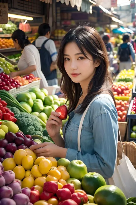 natural skin,<lora:more_details:0.3>,<lora:GoodHands-beta2:1>,(A photorealistic image of a woman walking through a busy market, with vendors selling colorful fruits and vegetables all around. Shot from a close-up angle to capture the sense of texture and vibrancy,film grain,Fujifilm XT3,