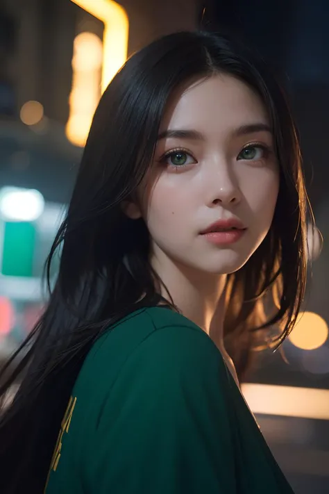 (extremely intricate:1.3), (realistic), photo of a girl in a bustling metropolis, weaving through crowded streets and dark alleyways, close up, Detailed clothes, green eyes, flowing hair, determined expression, shiny glossy skin, subsurface scattering, (sharp:0.7), amazing fine detail, Nikon D850 film stock photograph Kodak Portra 400 camera f1.6 lens, rich colors, lifelike texture, dramatic lighting, urban environment, skyscrapers, neon signs, dynamic composition, unreal engine, trending on ArtStation, cinestill 800 tungsten, volumetrics dtx, (film grain, blurry background, blurry foreground, bokeh, depth of field, motion blur:1.3),<lora:GoodHands-beta2:1>