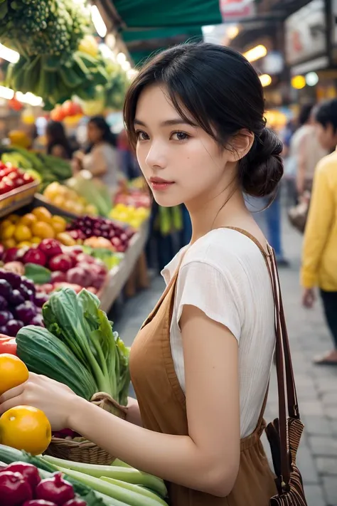 natural skin,<lora:more_details:0.3>,<lora:GoodHands-beta2:1>,(A photorealistic image of a woman walking through a busy market, with vendors selling colorful fruits and vegetables all around. Shot from a close-up angle to capture the sense of texture and vibrancy,film grain,Fujifilm XT3,
