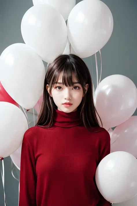natural skin,<lora:more_details:0.3>,<lora:GoodHands-beta2:1>,fashion portrait photo of beautiful young woman from the 60s wearing a red turtleneck standing in the middle of a ton of white balloons,taken on a hasselblad medium format camera,film grain,Fujifilm XT3,
