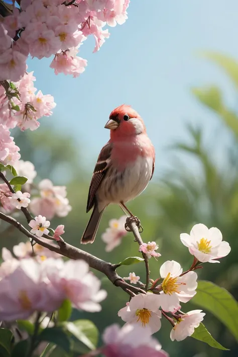 <lora:more_details:0.3>,a tiny finch on a branch with spring flowers on background:1,aesthetically inspired by Evelyn De Morgan,art by Bill Sienkiewicz and Dr. Seuss,ray tracing,volumetric lighting,octane render