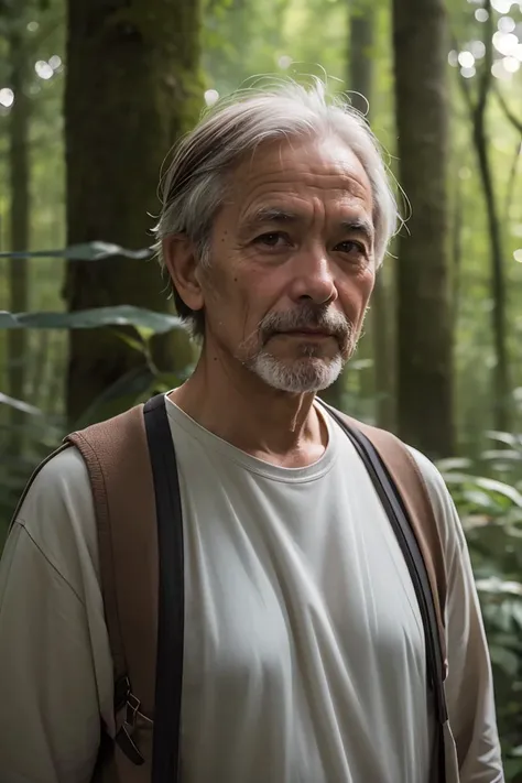 real human skin,natural skin,RAW photo,a portrait photo of 55 y.o man,traveler clothes,standing in the forest,natural skin,8k uhd,high quality,film grain,Fujifilm XT3,professional photography,<lora:GoodHands-beta2:1>