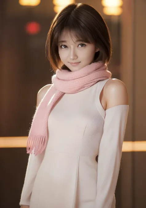 (1girl, solo, solo focus, 24 years old, short body, Japanese young girl, small breasts, brown hair, short hair, black eyes), unparalleled masterpiece, finely detail, incredibly absurdres, perfect artwork, highres, perfect anatomy, Lili Reinhardt, stunning modern urban upscale environment, ultra realistic, concept art, elegant, extremely detailed, intricate, sharp focus, depth of field, centered image composition, professionally color graded, volumetric fog, HDR, 32K, 16K. Ensure the photorealistic rendering captures the intricate folds of the fabric and her elegance with precision, natural lighting, professional photograph taken by (George Hurrell) with Nikon D90, Nikon AF-S 24-70mm f/2.8E ED VR, promotional poster, textured skin, vibrant details, perfection style, abstract beauty, bishoujo, ideal ratio body proportions, studio quality, UHD, trending on artstation <lora:perfection style SD1.5:0.2> <lora:age_slider_v2:0.7> <lora:hyperdetailer_v080:0.2> BREAK
<lora:am_magic:0.75> (portrait, close-up, face, looking at viewer, smile), floodlights, (Osaka Umeda Sky Building Modern Cityscape Scene A dynamic scene with a young Japanese girl standing in front of Osaka's famous Umeda Sky Building amidst the modern cityscape, surrounded by misty clouds and panoramic views of the city, soft focus, warm light filtering through the clouds., in Japan, sunny,daytime,winter), standing, (Cherry Blossom Pink clothes, Mohair knit scarf) <lora:BT_Aso_Mio_v1:0.7>