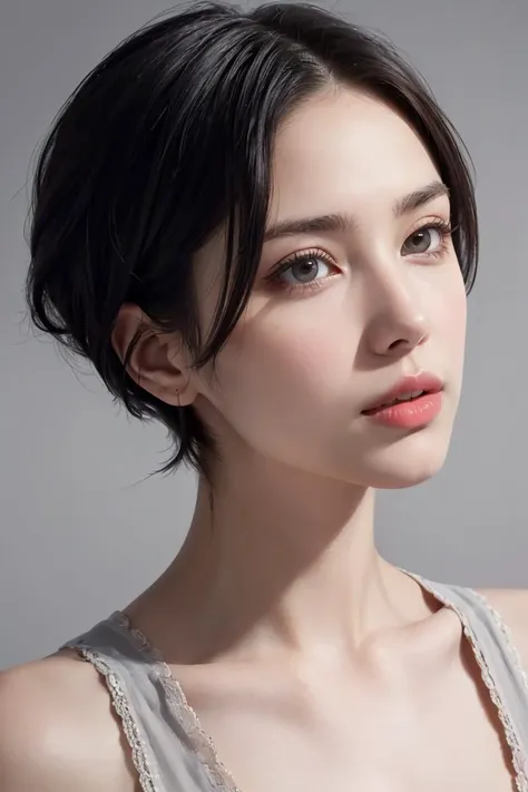 (close-up:1.0) photo of (CR-NataliaVodianova-frankyfrank2k:0.9) as (young:1.0) woman, (oiled skin:1.0), (tilted angle shot:1.0), (slick undercut hair:1.2), (8k uhd:1.0), (best quality:1.0), (masterpiece:1.0), (sharp focus:1.0), (basic grey backdrop:1.0),