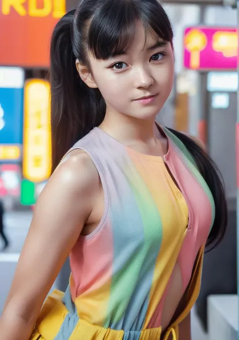 (1girl, solo, solo focus, 25 years old, short body, Japanese young girl, black eyes), unparalleled masterpiece, finely detail, incredibly absurdres, perfect artwork, highres, perfect anatomy, Lili Reinhardt, stunning modern urban upscale environment, ultra realistic, concept art, elegant, extremely detailed, intricate, sharp focus, depth of field, centered image composition, professionally color graded, volumetric fog, HDR, 32K, 16K. Ensure the photorealistic rendering captures the intricate folds of the fabric and her elegance with precision, natural lighting, professional photograph taken by (Tyler Shields) with Nikon D90, Nikon AF-S 24-70mm f/2.8E ED VR, promotional poster, textured skin, vibrant details, perfection style, abstract beauty, bishoujo, ideal ratio body proportions, studio quality, UHD, trending on artstation <lora:perfection style SD1.5:0.2> <lora:age_slider_v2:-1> <lora:hyperdetailer_v080:0.2> BREAK
<lora:am_magic:0.75> (portrait, close-up, face, looking at viewer:1.3), translucency, (Tokyo City Street Signage: A quirky scene with a young girl standing next to a colorful street sign in Tokyo, watching the city life unfold around her, highly detailed and sharp focus., in Japan, cloudy,sunrise,golden hour,summer), standing, (provincial pink clothes, floral romper) <lora:BT_Arai_Yumiko_v1:0.5>