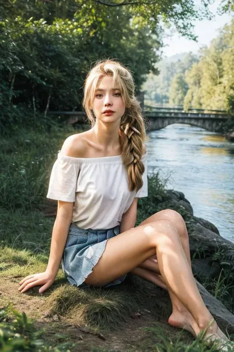 (best quality:1.2),(high quality:1.2),masterpiece,high details,(Realism:1.4),transparent texture,iso noise,photo texture,vivid color,long hair,short ponytail,blond hair,hair on the temples,white t-shirt,off-the-shoulder,large chest,bare arms,bare feet,short skirt,sitting by the river washing feet,slg,forest,grass,stream,prospect,light,<lora:slg_v30:0.8>,