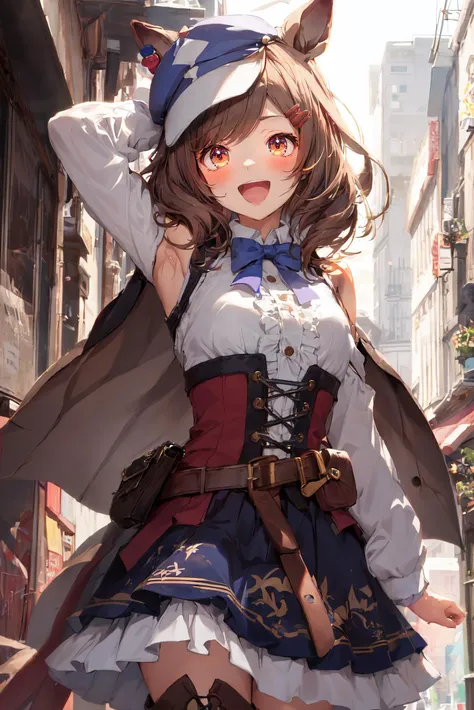masterpiece, best quality,matikanetannhauser \(umamusume\), white shirt, cabbie hat, blue skirt, blush, puffy long sleeves, blue headwear, smile, open mouth, :d, brown footwear, frilled skirt, collared shirt, arm up, bare shoulders, red socks, standing on one leg, center frills, hand on headwear, sleeveless, blue bowtie, cape, shoulder cutout, corset, belt pouch, knee boots, high heel boots
 <lora:GoodHands-vanilla:1> <lora:matikanetannhauser_v1.14:0.65>