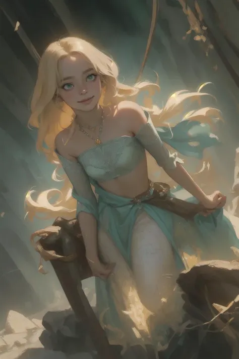 (masterpiece), (extremely intricate), photorealistic photo of rapunzel from the tangled, 1girl, solo, smile, long blonde hair, green eyes, jewelry, toned midriff, detailed legs, necklace, strapless dress, mountain background, (perfect composition:1.4), deviantart hd, artstation hd, concept art, detailed face and body, award-winning photography, margins, detailed face, professional oil painting by Ed Blinkey, Atey Ghailan, Jeremy Mann, Greg Manchess, Alex Gray, trending on ArtStation, trending on CGSociety, intricate, high detail, sharp focus, dramatic, award winning matte drawing cinematic lighting octane render unreal engine volumetrics dtx