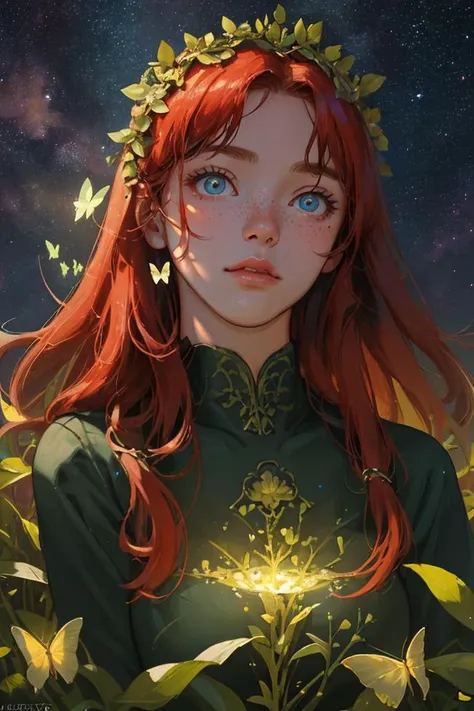 (masterpiece, best quality:1.2) 8k, 4k, illustration, 1girl, full body shot, a red haired scottish girl, (round face:1.2), ornate long green dress, auburn hair, gold leaf dress design, (glowing plants, glowing butterflies, glowing particles, galaxy:1.2), flower crown, (realistic face:1.1), (dusk:1.5) (blush:0.5)(impefections, pores, mole, freckles:0.9) perfect eyes, sexy, mature, thicc, wide hips, big breasts, bioluminescent, in nature, trees, great outdoors, night sky, (shot from below:1.1), soft cinematic lighting, high dynamic range, HDR, strong features, petite features, sharp focus