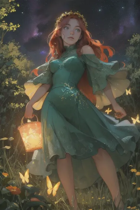 (masterpiece, best quality:1.2) 8k, 4k, illustration, 1girl, full body shot, a red haired scottish girl, (round face:1.2), ornate long green dress, auburn hair, gold leaf dress design, (glowing plants, glowing butterflies, glowing particles, galaxy:1.2), flower crown, (realistic face:1.1), (dusk:1.5) (blush:0.5)(impefections, pores, mole, freckles:0.9) perfect eyes, sexy, mature, thicc, wide hips, big breasts, bioluminescent, in nature, trees, great outdoors, night sky, (shot from below:1.1), soft cinematic lighting, high dynamic range, HDR, strong features, petite features, sharp focus