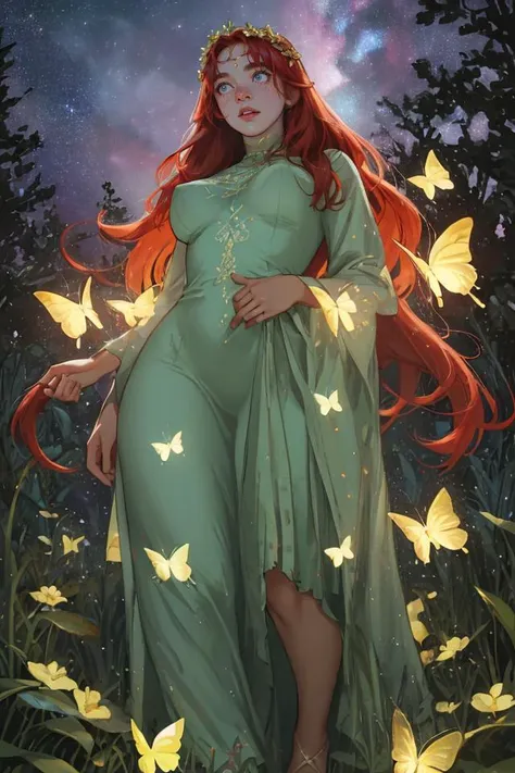 (masterpiece, best quality:1.2) 8k, 4k, illustration, 1girl, full body shot, a red haired scottish girl, (round face:1.2), ornate long green dress, auburn hair, gold leaf dress design, (glowing plants, glowing butterflies, glowing particles, galaxy:1.2), flower crown, (realistic face:1.1), (dusk:1.5) (blush:0.5)(impefections, pores, mole, freckles:0.9) perfect eyes, sexy, mature, thicc, wide hips, big breasts, bioluminescent, in nature, trees, great outdoors, night sky, (shot from below:1.1), soft cinematic lighting, high dynamic range, HDR, strong features, petite features, sharp focus
