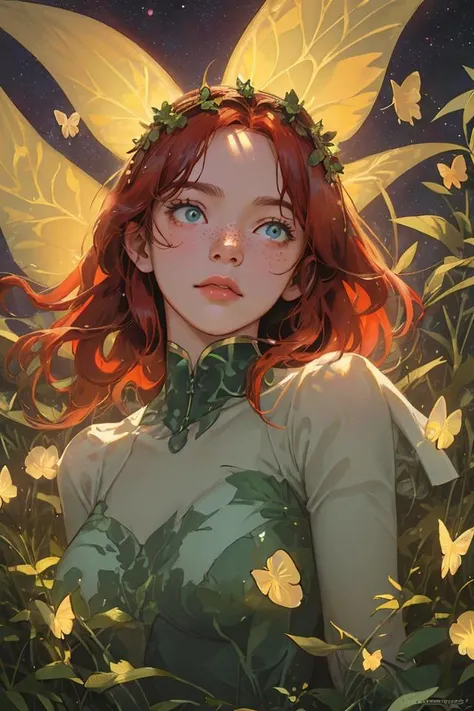 (masterpiece, best quality:1.2) 8k, 4k, illustration, 1girl, full body shot, a red haired scottish girl, (round face:1.2), ornate long green dress, auburn hair, gold leaf dress design, (glowing plants, glowing butterflies, glowing particles, galaxy:1.2), flower crown, (realistic face:1.1), (dusk:1.5) (blush:0.5)(impefections, pores, mole, freckles:0.9) perfect eyes, sexy, mature, thicc, wide hips, big breasts, bioluminescent, in nature, trees, great outdoors, night sky, (shot from below:1.1), soft cinematic lighting, high dynamic range, HDR, strong features, petite features, sharp focus
