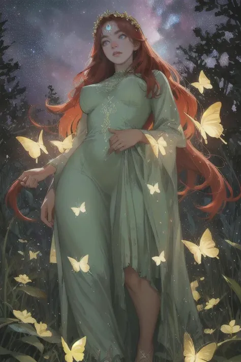 (masterpiece, best quality:1.2) 8k, 4k, illustration, 1girl, full body shot, a red haired scottish girl, (round face:1.2), ornate long green dress, auburn hair, gold leaf dress design, (glowing plants, glowing butterflies, glowing particles, galaxy:1.2), flower crown, (realistic face:1.1), (dusk:1.5) (blush:0.5)(impefections, pores, mole, freckles:0.9) perfect eyes, sexy, mature, thicc, wide hips, big breasts, bioluminescent, in nature, trees, great outdoors, night sky, (shot from below:1.1), soft cinematic lighting, high dynamic range, HDR, strong features, petite features, sharp focus