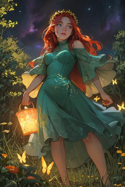 (masterpiece, best quality:1.2) 8k, 4k, illustration, 1girl, full body shot, a red haired scottish girl, (round face:1.2), ornate long green dress, auburn hair, gold leaf dress design, (glowing plants, glowing butterflies, glowing particles, galaxy:1.2), flower crown, (realistic face:1.1), (dusk:1.5) (blush:0.5)(impefections, pores, mole, freckles:0.9) perfect eyes, sexy, mature, thicc, wide hips, big breasts, bioluminescent, in nature, trees, great outdoors, night sky, (shot from below:1.1), soft cinematic lighting, high dynamic range, HDR, strong features, petite features, sharp focus