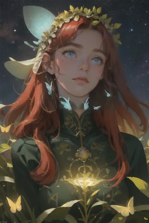 (masterpiece, best quality:1.2) 8k, 4k, illustration, 1girl, full body shot, a red haired scottish girl, (round face:1.2), ornate long green dress, auburn hair, gold leaf dress design, (glowing plants, glowing butterflies, glowing particles, galaxy:1.2), flower crown, (realistic face:1.1), (dusk:1.5) (blush:0.5)(impefections, pores, mole, freckles:0.9) perfect eyes, sexy, mature, thicc, wide hips, big breasts, bioluminescent, in nature, trees, great outdoors, night sky, (shot from below:1.1), soft cinematic lighting, high dynamic range, HDR, strong features, petite features, sharp focus