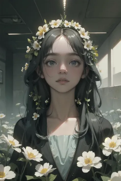a marble statue covered in flowers, full frame, cinematic light, 8k, hyper detailed , unreal engine,