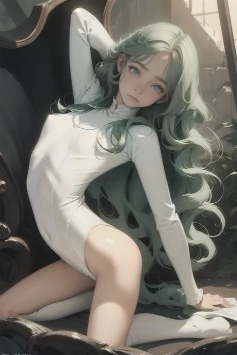 (masterpiece, 4k, best quality, aesthetic, detailed, intricate, dynamic camera angle, looking at the camera), 
detailed clothes, detailed eyes, detailed background, sexy, seductive, erotic, dreamlike, gorgeous, bright eyes,
(in the desert),
dramatic lighting, (wideangle shot), (monochromatic scene),
night, 
thicc body, 
young girl, 
curly hair, 
wolf cut,
(Facial expression of sadness), 
brown eyes, 
white color clothes, 
green color hair, 
normal sized breasts,
no makeup,
long clothes,
kneeling,
[aurora, rainbow], deep