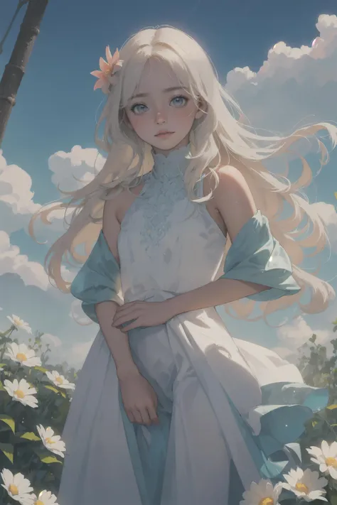 (masterpiece:1.1, best quality), nature, light hair color, colorful, rays, open, sky, diffused light, [water], (exposed shoulders), looking at viewer, detailed, rainbow rays, background, soft, beautiful clothes, realistic, colorful clothes, blush, galaxy, flower,