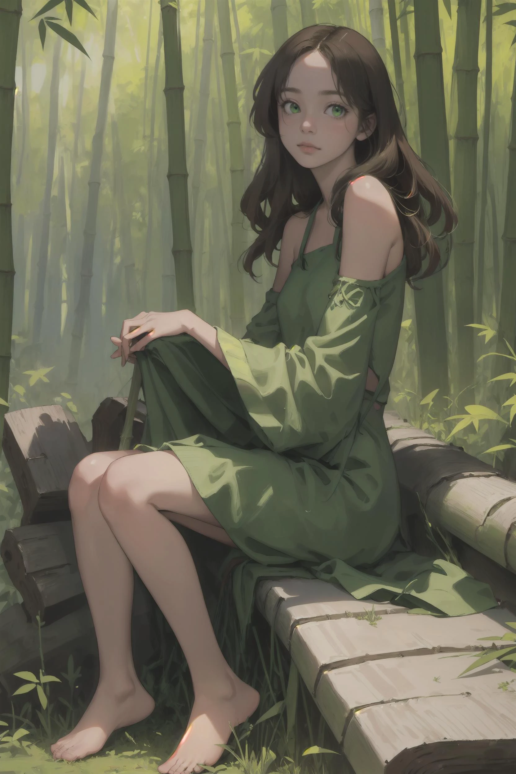 (masterpiece, best quality), realistic, forest, looking at viewer, galaxy, beautiful clothes, scenery, background, 1girl, detailed, straight brown hair, green eyes, sitting, full body, bare feet, green clothes, exposed shoulders, bamboo,