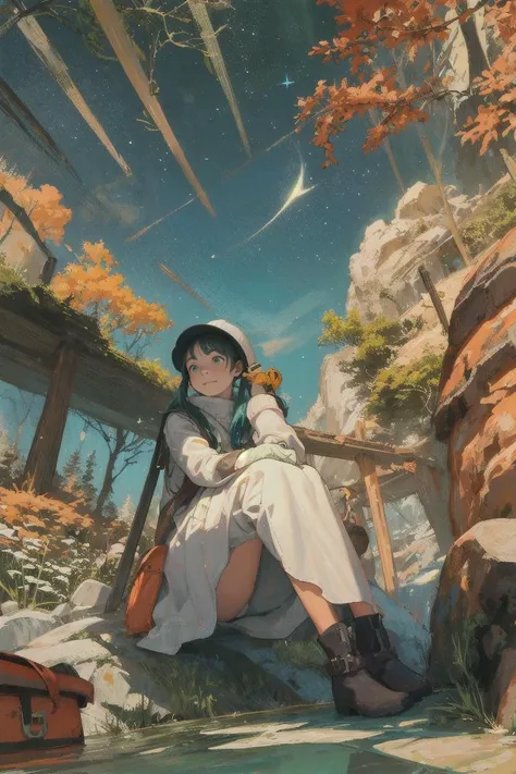 masterpiece, best quality, ultra-detailed, illustration, 1girl, solo, outdoors, camping, night, mountains, nature, stars, moon, tent, twin ponytails, green eyes, cheerful, happy, backpack, sleeping bag, camping stove, water bottle, mountain boots, gloves, sweater, hat, flashlight, forest, rocks, river, wood, smoke, shadows, contrast, clear sky, constellations, Milky Way, peaceful, serene, quiet, tranquil, remote, secluded, adventurous, exploration, escape, independence, survival, resourcefulness, challenge, perseverance, stamina, endurance, observation, intuition, adaptability, creativity, imagination, artistry, inspiration, beauty, awe, wonder, gratitude, appreciation, relaxation, enjoyment, rejuvenation, mindfulness, awareness, connection, harmony, balance, texture, detail, realism, depth, perspective, composition, color, light, shadow, reflection, refraction, tone, contrast, foreground, middle ground, background, naturalistic, figurative, representational, impressionistic, expressionistic, abstract, innovative, experimental, unique