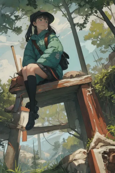 masterpiece, best quality, ultra-detailed, illustration, 1girl, solo, outdoors, camping, night, mountains, nature, stars, moon, tent, twin ponytails, green eyes, cheerful, happy, backpack, sleeping bag, camping stove, water bottle, mountain boots, gloves, sweater, hat, flashlight, forest, rocks, river, wood, smoke, shadows, contrast, clear sky, constellations, Milky Way, peaceful, serene, quiet, tranquil, remote, secluded, adventurous, exploration, escape, independence, survival, resourcefulness, challenge, perseverance, stamina, endurance, observation, intuition, adaptability, creativity, imagination, artistry, inspiration, beauty, awe, wonder, gratitude, appreciation, relaxation, enjoyment, rejuvenation, mindfulness, awareness, connection, harmony, balance, texture, detail, realism, depth, perspective, composition, color, light, shadow, reflection, refraction, tone, contrast, foreground, middle ground, background, naturalistic, figurative, representational, impressionistic, expressionistic, abstract, innovative, experimental, unique