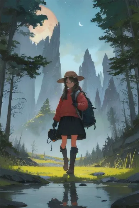 masterpiece, best quality, ultra-detailed, illustration, 1girl, solo, outdoors, camping, night, mountains, nature, stars, moon, tent, twin ponytails, green eyes, cheerful, happy, backpack, sleeping bag, camping stove, water bottle, mountain boots, gloves, sweater, hat, flashlight, forest, rocks, river, wood, smoke, shadows, contrast, clear sky, constellations, Milky Way, peaceful, serene, quiet, tranquil, remote, secluded, adventurous, exploration, escape, independence, survival, resourcefulness, challenge, perseverance, stamina, endurance, observation, intuition, adaptability, creativity, imagination, artistry, inspiration, beauty, awe, wonder, gratitude, appreciation, relaxation, enjoyment, rejuvenation, mindfulness, awareness, connection, harmony, balance, texture, detail, realism, depth, perspective, composition, color, light, shadow, reflection, refraction, tone, contrast, foreground, middle ground, background, naturalistic, figurative, representational, impressionistic, expressionistic, abstract, innovative, experimental, unique