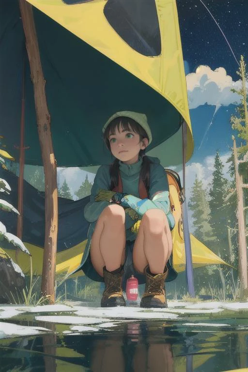 masterpiece, best quality, ultra-detailed, illustration, 1girl, solo, outdoors, camping, night, mountains, nature, stars, moon, tent, twin ponytails, green eyes, cheerful, happy, backpack, sleeping bag, camping stove, water bottle, mountain boots, gloves, sweater, hat, flashlight, forest, rocks, river, wood, smoke, shadows, contrast, clear sky, constellations, Milky Way, peaceful, serene, quiet, tranquil, remote, secluded, adventurous, exploration, escape, independence, survival, resourcefulness, challenge, perseverance, stamina, endurance, observation, intuition, adaptability, creativity, imagination, artistry, inspiration, beauty, awe, wonder, gratitude, appreciation, relaxation, enjoyment, rejuvenation, mindfulness, awareness, connection, harmony, balance, texture, detail, realism, depth, perspective, composition, color, light, shadow, reflection, refraction, tone, contrast, foreground, middle ground, background, naturalistic, figurative, representational, impressionistic, expressionistic, abstract, innovative, experimental, unique