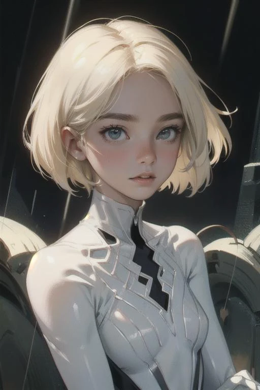 18 yo girl, white spider man suit, short blunt hair, blonde, beautiful face, rain, roof, masterpiece, intricate detail, perfect anatomy