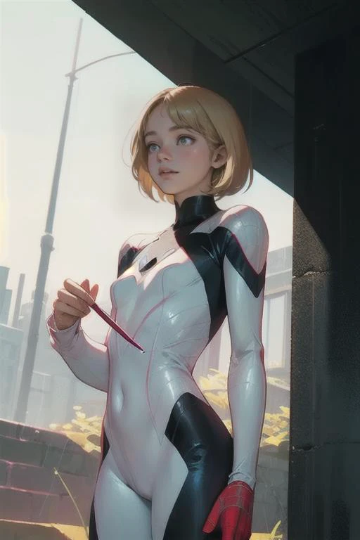 18 yo girl, white spider man suit, short blunt hair, blonde, beautiful face, rain, roof, masterpiece, intricate detail, perfect anatomy