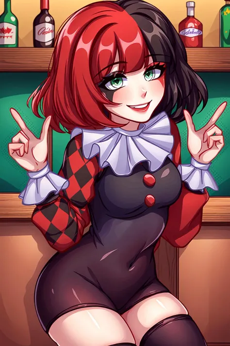 1girl, Muff, ((multicolored hair, red and black hair)1.3), short hair, smile, green eyes, jester costume, jester clothes, ((bar)1.2)