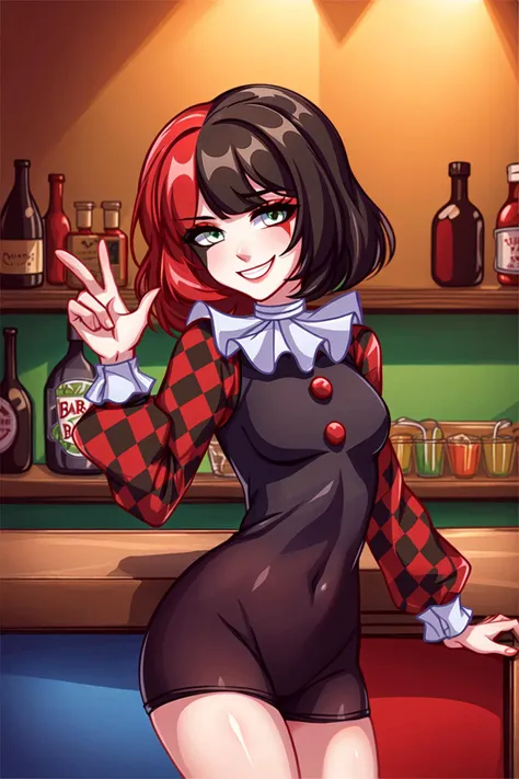 1girl, Muff, ((multicolored hair, red and black hair)1.3), short hair, smile, green eyes, jester costume, jester clothes, ((bar)1.2)