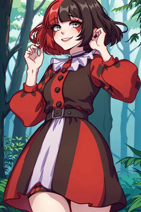 Muff, ((multicolored hair, red and black hair)1.3), short hair, smile, grey eyes, jester costume, cute pose, forest