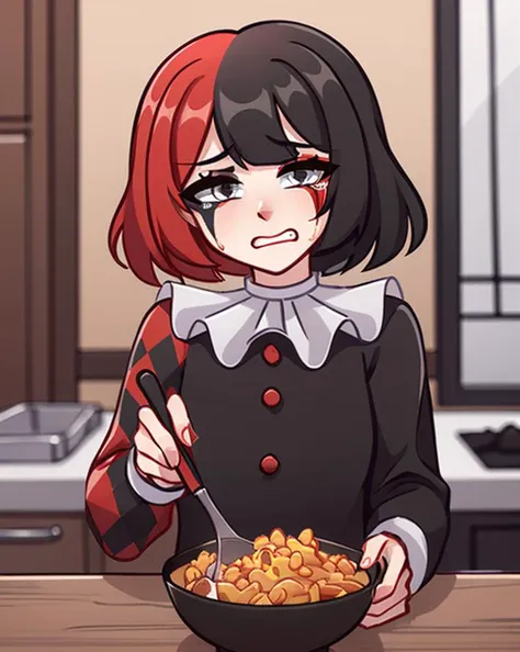 <lora:V1VKMuffLoCon:0.8>, Muff, multicolored hair, red and black hair, jester costume, trying to make mac n cheese, crying, holding bowl