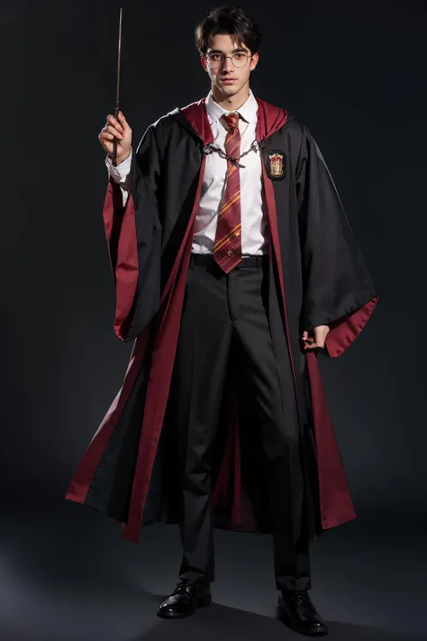 1boy, black_background, black_footwear, black_hair, black_pants, full_body, glasses, hogwarts_school_uniform, male_focus, necktie, shoes, solo, standing, transparent_background, wand, looking_at_viewer, simple_background, shirt, long_sleeves, holding, school_uniform, pants, animification, holding_wand, HP robe, outfit<lora:HP:0.8>