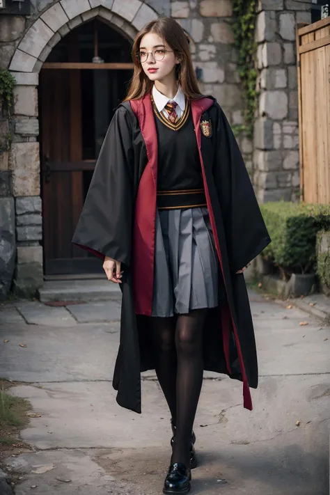 1girl, long_hair, shoes, solo, standing, looking_at_viewer, skirt, long_sleeves, holding, brown_eyes, school_uniform, pantyhose, (upper body:1.3), glasses,black_footwear, black_pantyhose, robe, animification,hogwarts_school_uniform, HP robe, outfit <lora:HP:0.8>